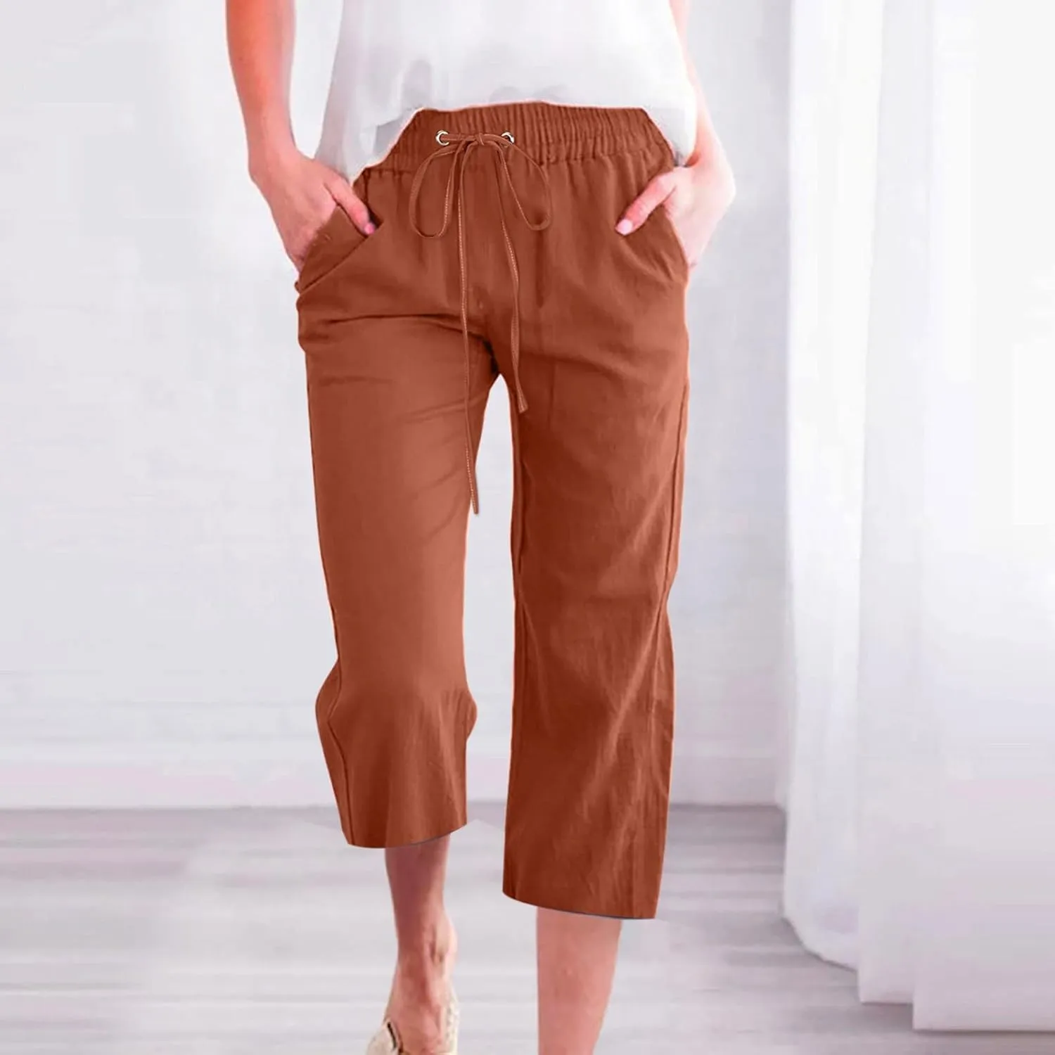 Capri Pants for Women Casual 2025 Summer Drawstring Elastic Waist Linen Pant Straight Wide Leg Pocket Cropped Trouser Cropped