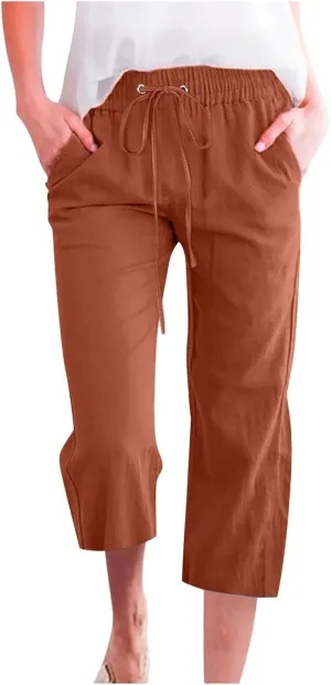 Capri Pants for Women Casual 2025 Summer Drawstring Elastic Waist Linen Pant Straight Wide Leg Pocket Cropped Trouser Cropped
