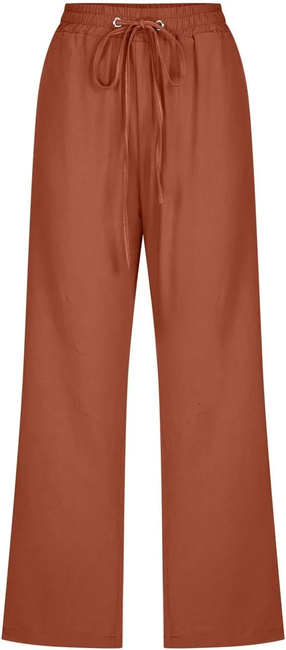 Capri Pants for Women Casual 2025 Summer Drawstring Elastic Waist Linen Pant Straight Wide Leg Pocket Cropped Trouser Cropped