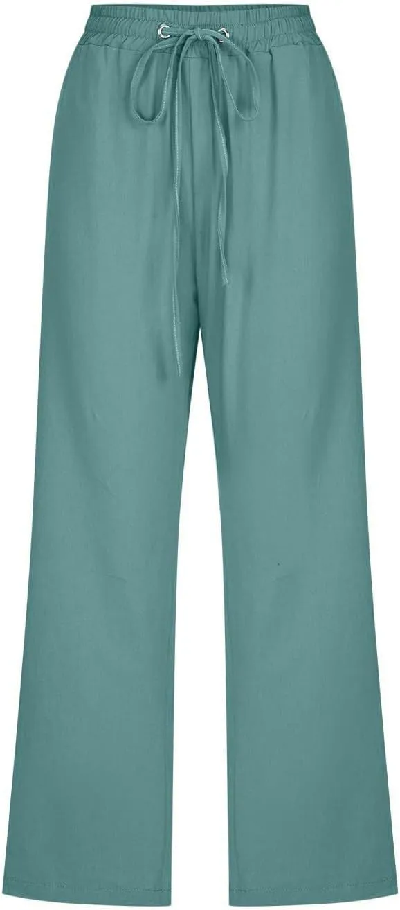 Capri Pants for Women Casual 2025 Summer Drawstring Elastic Waist Linen Pant Straight Wide Leg Pocket Cropped Trouser Cropped