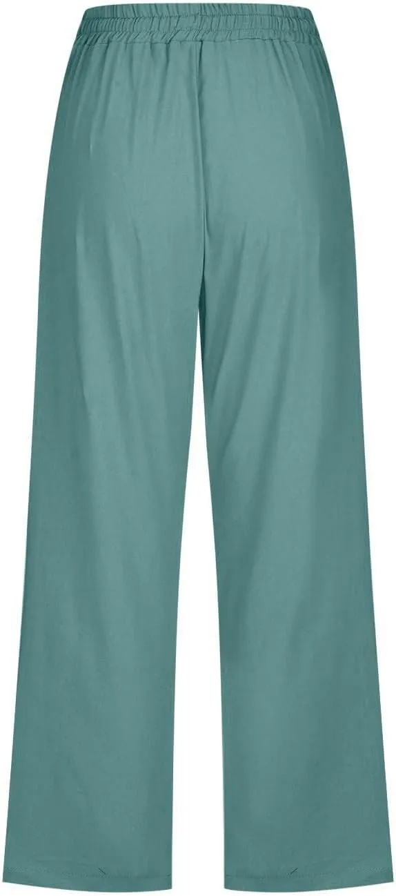 Capri Pants for Women Casual 2025 Summer Drawstring Elastic Waist Linen Pant Straight Wide Leg Pocket Cropped Trouser Cropped