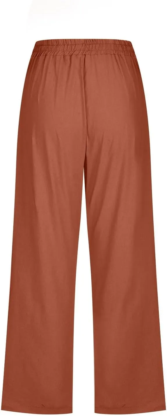 Capri Pants for Women Casual 2025 Summer Drawstring Elastic Waist Linen Pant Straight Wide Leg Pocket Cropped Trouser Cropped
