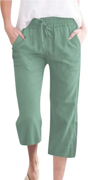 Capri Pants for Women Linen Casual Summer 2025 Straight Leg Pant Loose Drawstring Elastic Waist Cropped Trousers
