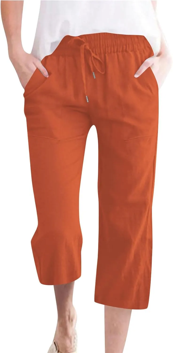 Capri Pants for Women Linen Casual Summer 2025 Straight Leg Pant Loose Drawstring Elastic Waist Cropped Trousers