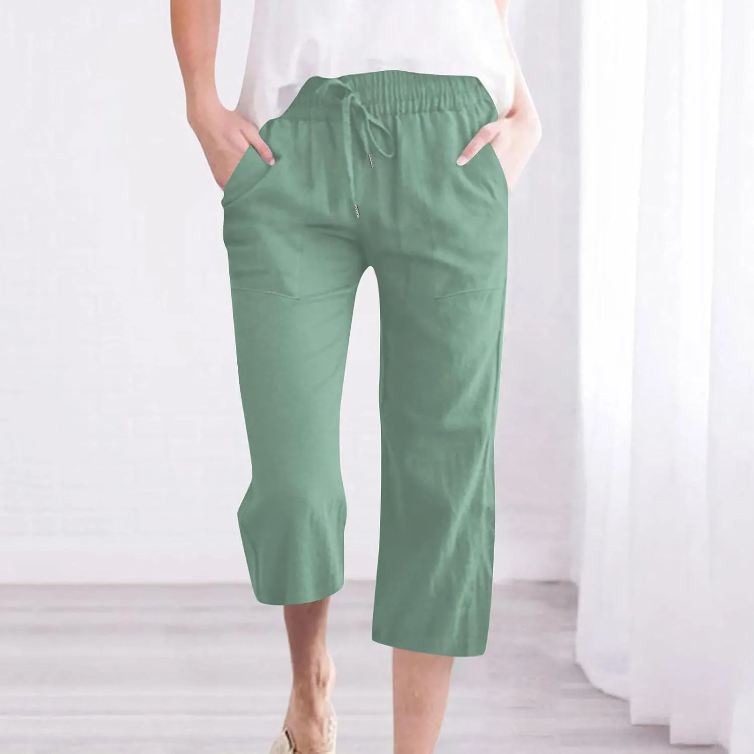 Capri Pants for Women Linen Casual Summer 2025 Straight Leg Pant Loose Drawstring Elastic Waist Cropped Trousers