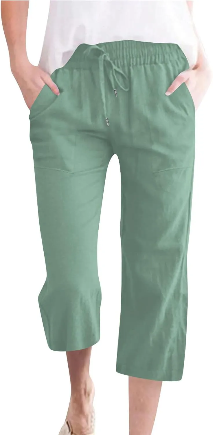 Capri Pants for Women Linen Casual Summer 2025 Straight Leg Pant Loose Drawstring Elastic Waist Cropped Trousers