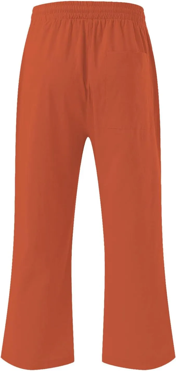 Capri Pants for Women Linen Casual Summer 2025 Straight Leg Pant Loose Drawstring Elastic Waist Cropped Trousers