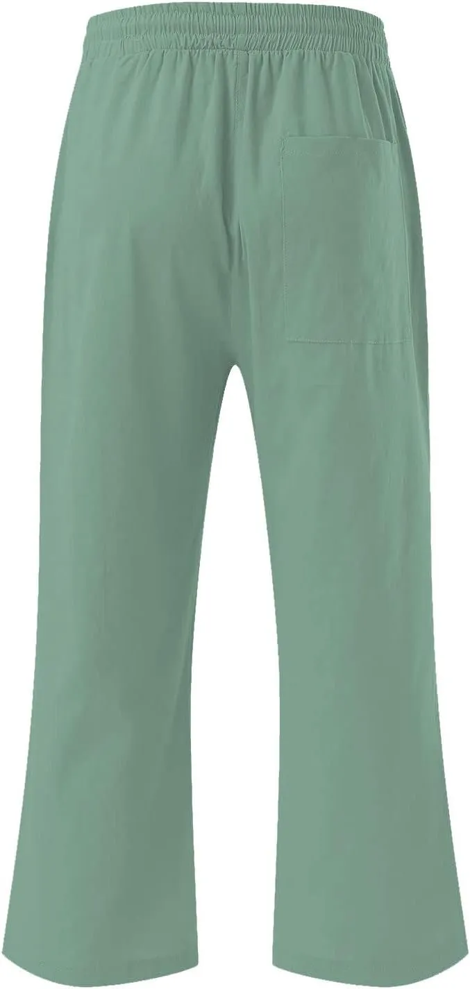 Capri Pants for Women Linen Casual Summer 2025 Straight Leg Pant Loose Drawstring Elastic Waist Cropped Trousers