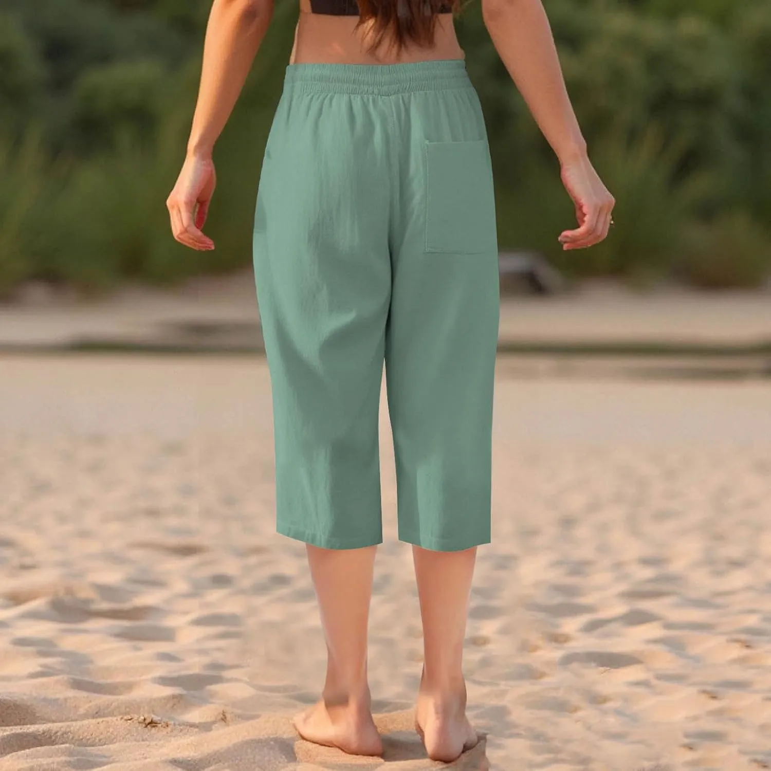 Capri Pants for Women Linen Casual Summer 2025 Straight Leg Pant Loose Drawstring Elastic Waist Cropped Trousers