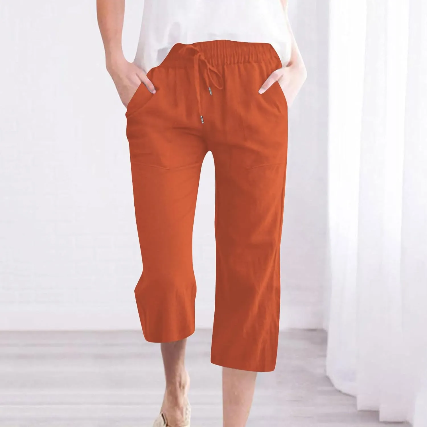 Capri Pants for Women Linen Casual Summer 2025 Straight Leg Pant Loose Drawstring Elastic Waist Cropped Trousers