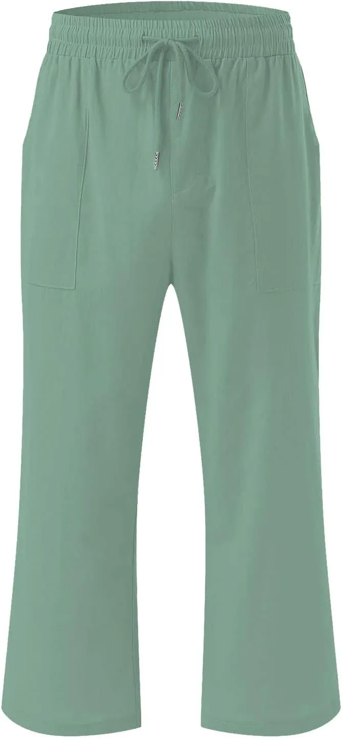 Capri Pants for Women Linen Casual Summer 2025 Straight Leg Pant Loose Drawstring Elastic Waist Cropped Trousers