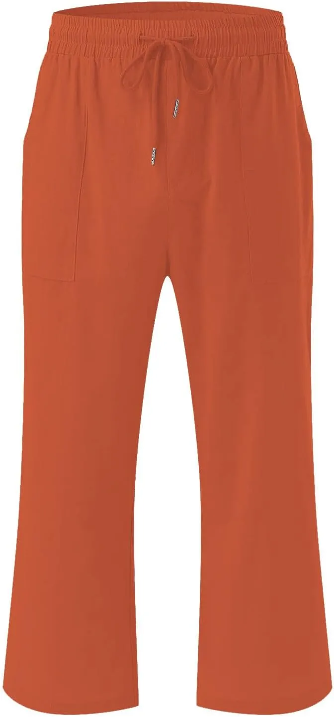 Capri Pants for Women Linen Casual Summer 2025 Straight Leg Pant Loose Drawstring Elastic Waist Cropped Trousers