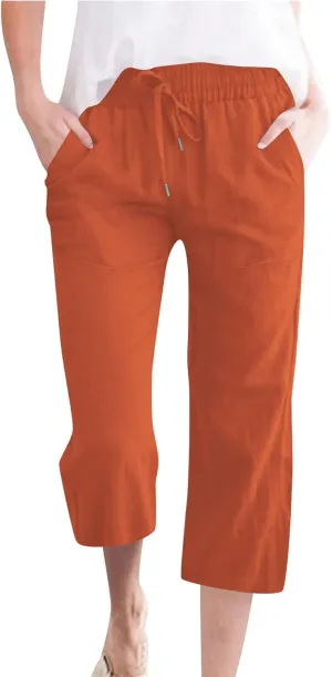 Capri Pants for Women Linen Casual Summer 2025 Straight Leg Pant Loose Drawstring Elastic Waist Cropped Trousers