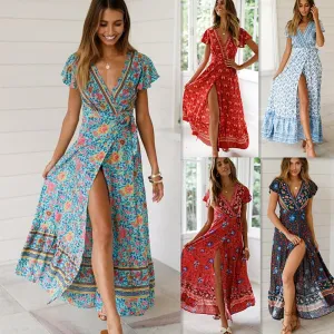 Casual Behemian Women Summer Dress 2019 Sexy Floral Printed Maxi Dress Irregular Sashes Long Boho Vestidos Chiffon Vintage Robe