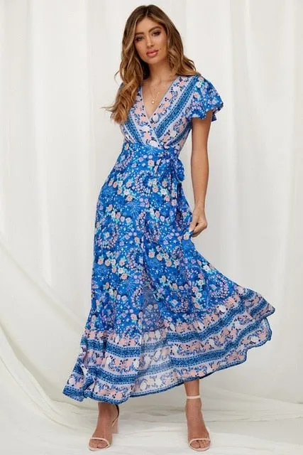 Casual Behemian Women Summer Dress 2019 Sexy Floral Printed Maxi Dress Irregular Sashes Long Boho Vestidos Chiffon Vintage Robe