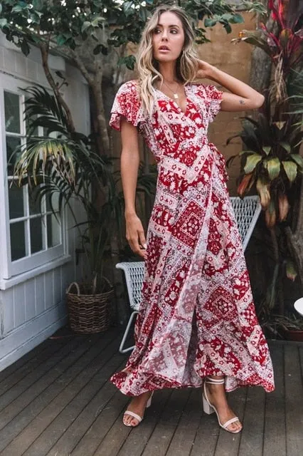 Casual Behemian Women Summer Dress 2019 Sexy Floral Printed Maxi Dress Irregular Sashes Long Boho Vestidos Chiffon Vintage Robe