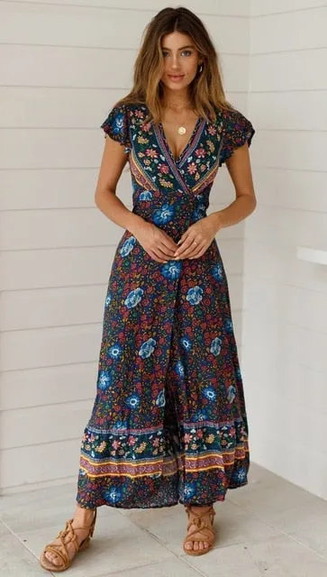 Casual Behemian Women Summer Dress 2019 Sexy Floral Printed Maxi Dress Irregular Sashes Long Boho Vestidos Chiffon Vintage Robe