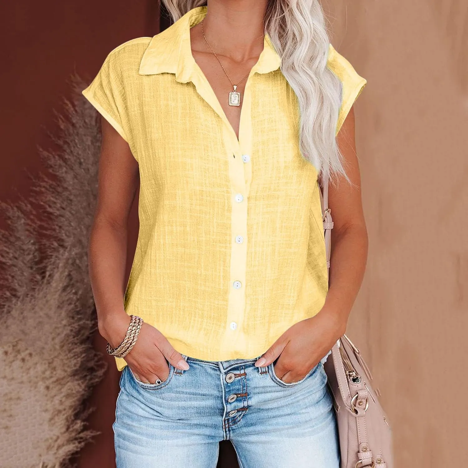 Ceboyel Shirts for Women Trendy Summer Cotton Linen Short Sleeve Tops Collared Button Down Causal Blouse Laides Clothing 2023