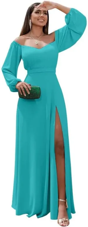 Changuan Long Sleeve Chiffon Bridesmaid Dresses for Women Long Off Shoulder Formal Dress Evening Party Gowns with Slit 2024