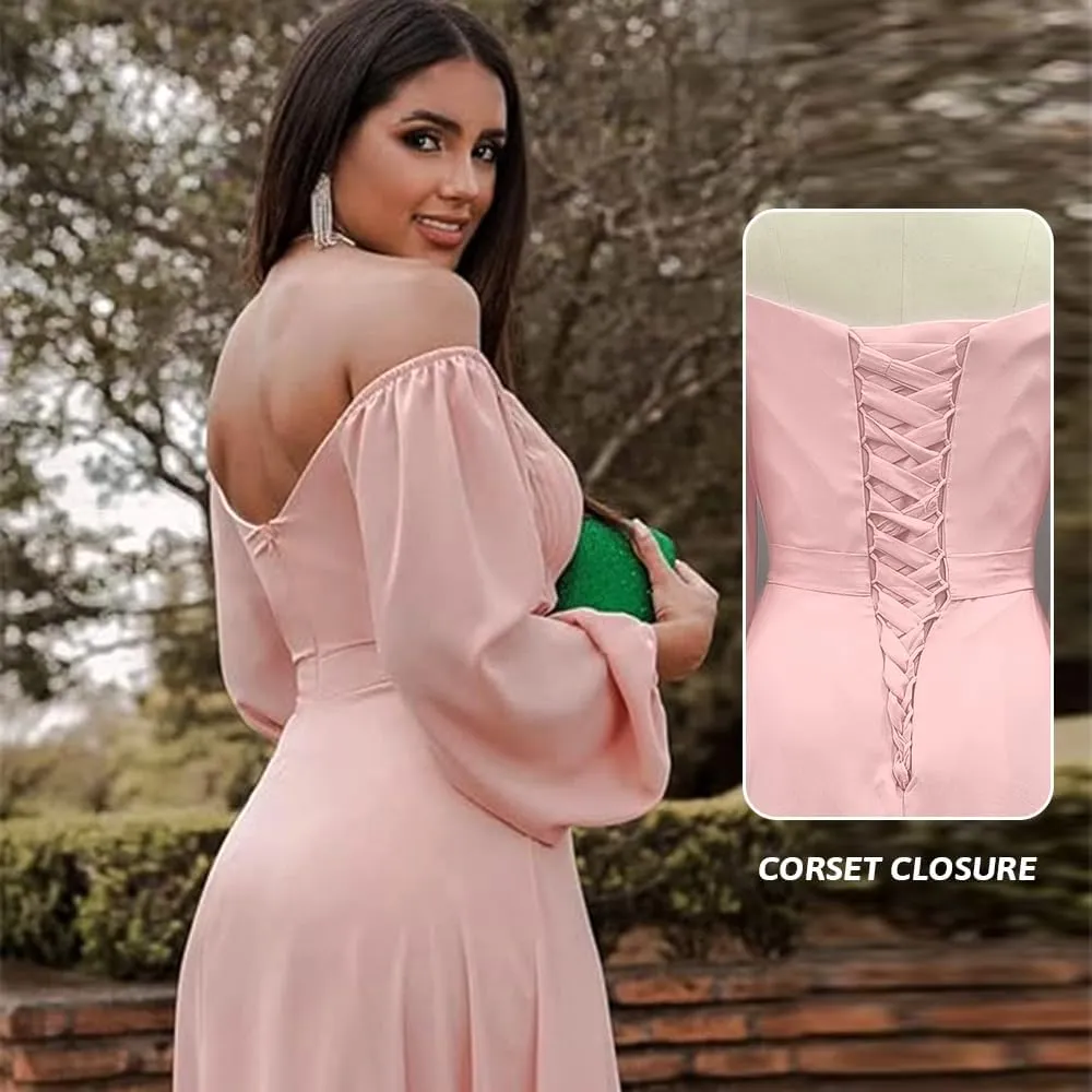 Changuan Long Sleeve Chiffon Bridesmaid Dresses for Women Long Off Shoulder Formal Dress Evening Party Gowns with Slit 2024