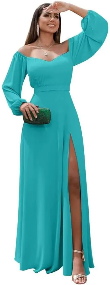 Changuan Long Sleeve Chiffon Bridesmaid Dresses for Women Long Off Shoulder Formal Dress Evening Party Gowns with Slit 2024