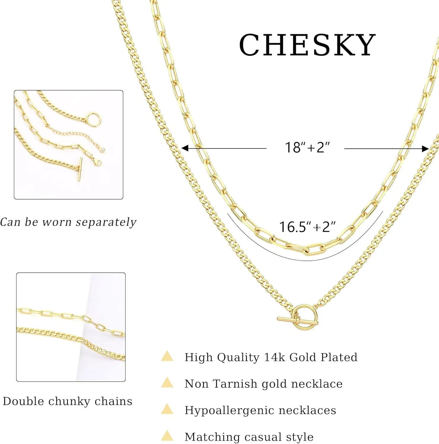 CHESKY Gold Layered Necklaces for Women, 14K Dainty Gold Chain Necklace Women Trendy Cuban Link Paperclip Chain Toggle Clasp Necklace Fashion Chunky Jewelry for Women