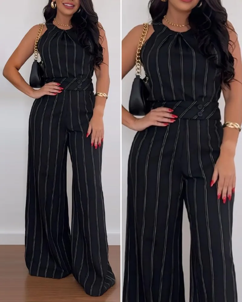 CHICME Womens Summer 2 Piece Outfit Striped Sleeveless Top with High Waist Wide Leg Pants Set