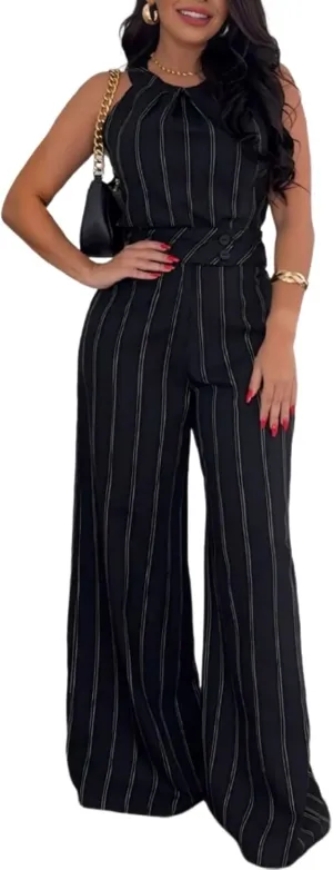 CHICME Womens Summer 2 Piece Outfit Striped Sleeveless Top with High Waist Wide Leg Pants Set
