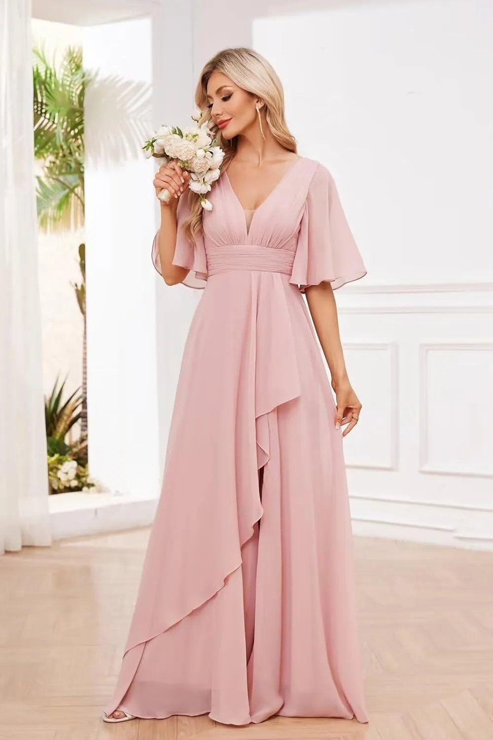 Chiffon Bridesmaid Dresses for Women Ruffle Sleeve Ruched A Line Formal Evening Gowns with Slit