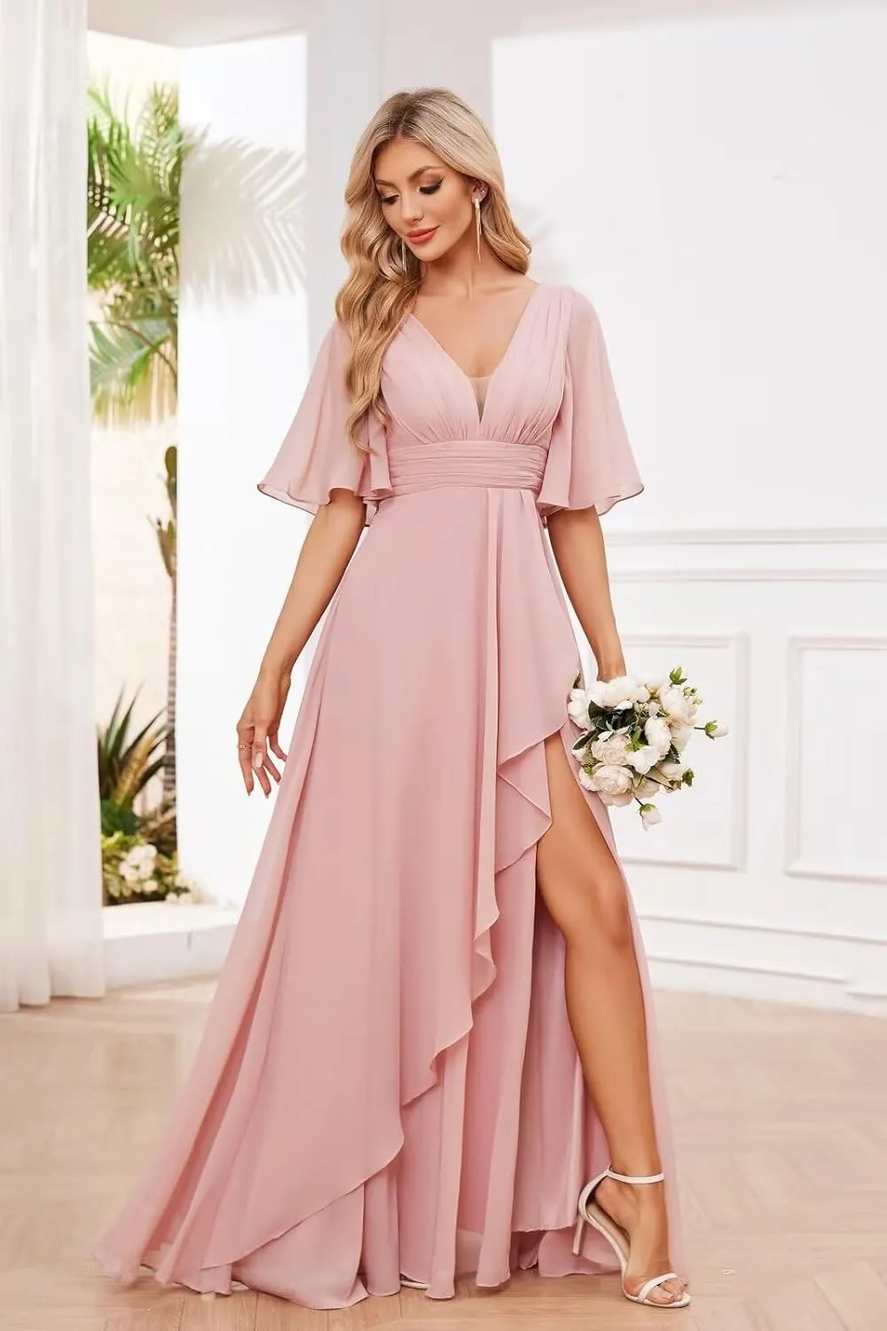 Chiffon Bridesmaid Dresses for Women Ruffle Sleeve Ruched A Line Formal Evening Gowns with Slit