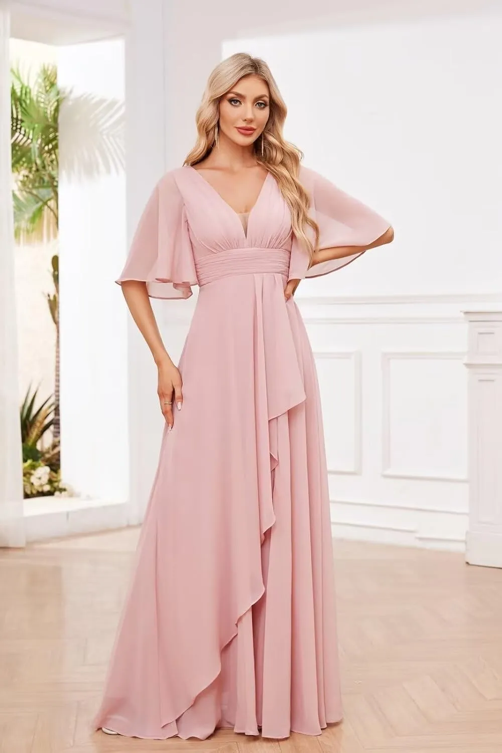 Chiffon Bridesmaid Dresses for Women Ruffle Sleeve Ruched A Line Formal Evening Gowns with Slit