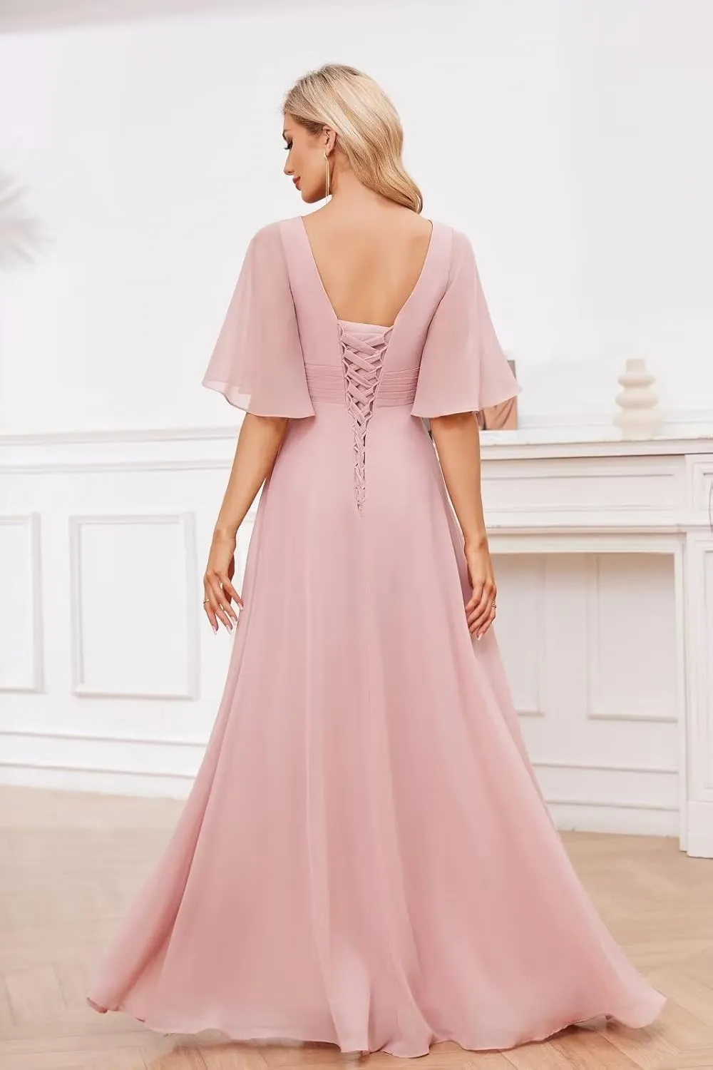 Chiffon Bridesmaid Dresses for Women Ruffle Sleeve Ruched A Line Formal Evening Gowns with Slit