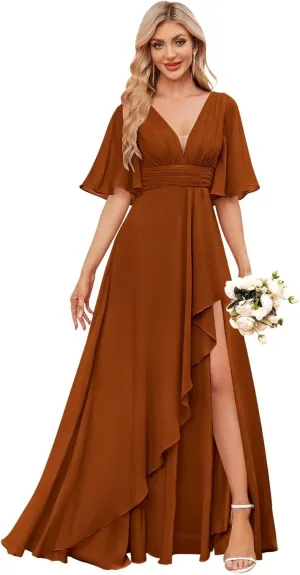 Chiffon Bridesmaid Dresses for Women Ruffle Sleeve Ruched A Line Formal Evening Gowns with Slit