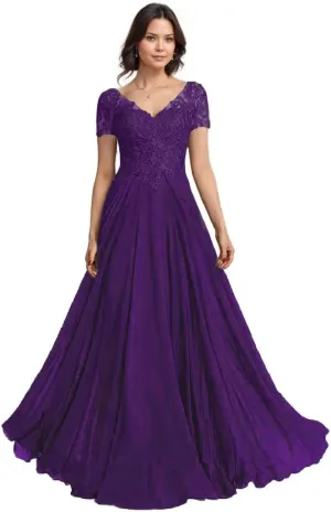 Chiffon Mother of The Bride Dresses for Women Laces Applique A Line Short Sleeves Formal Mother of Groom Dresses