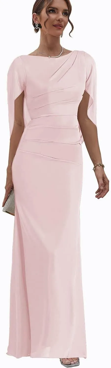 Chiffon Mother of The Bride Dresses with Cape Long Evening Gowns for Women Mermaid Formal Dress with Sleeve MJ011