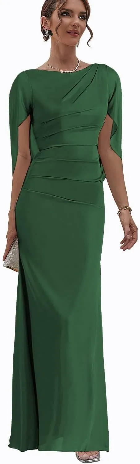 Chiffon Mother of The Bride Dresses with Cape Long Evening Gowns for Women Mermaid Formal Dress with Sleeve MJ011