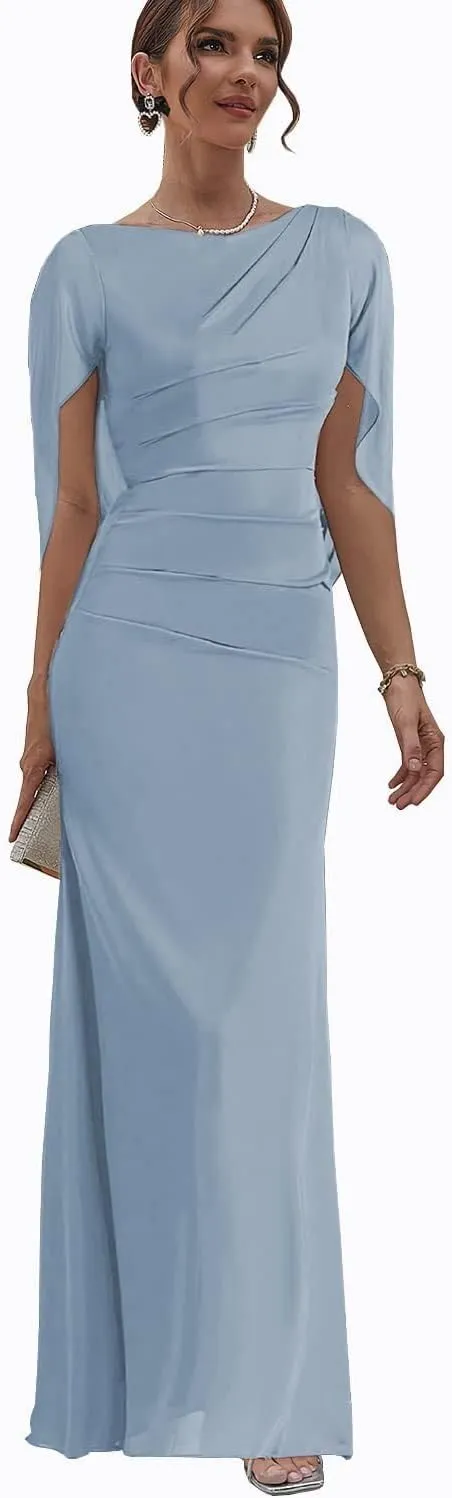 Chiffon Mother of The Bride Dresses with Cape Long Evening Gowns for Women Mermaid Formal Dress with Sleeve MJ011