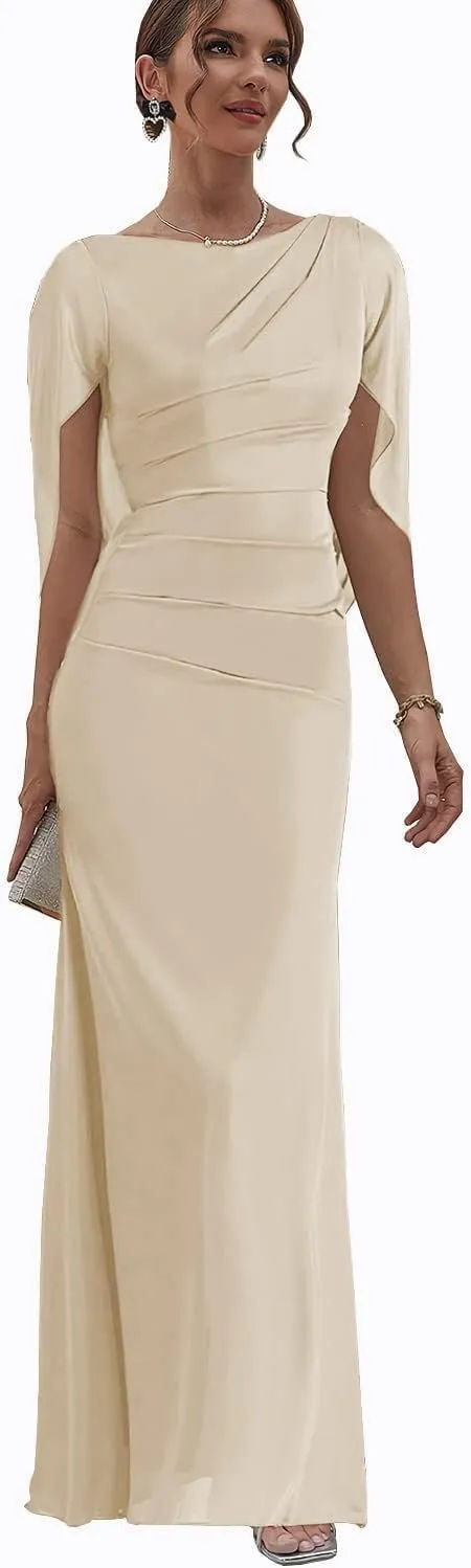 Chiffon Mother of The Bride Dresses with Cape Long Evening Gowns for Women Mermaid Formal Dress with Sleeve MJ011
