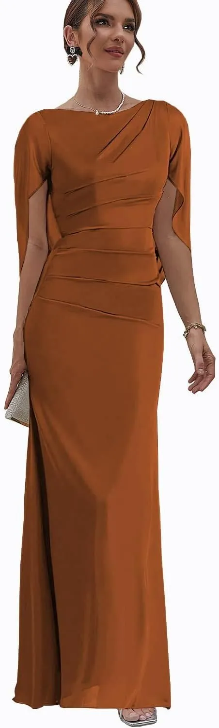 Chiffon Mother of The Bride Dresses with Cape Long Evening Gowns for Women Mermaid Formal Dress with Sleeve MJ011