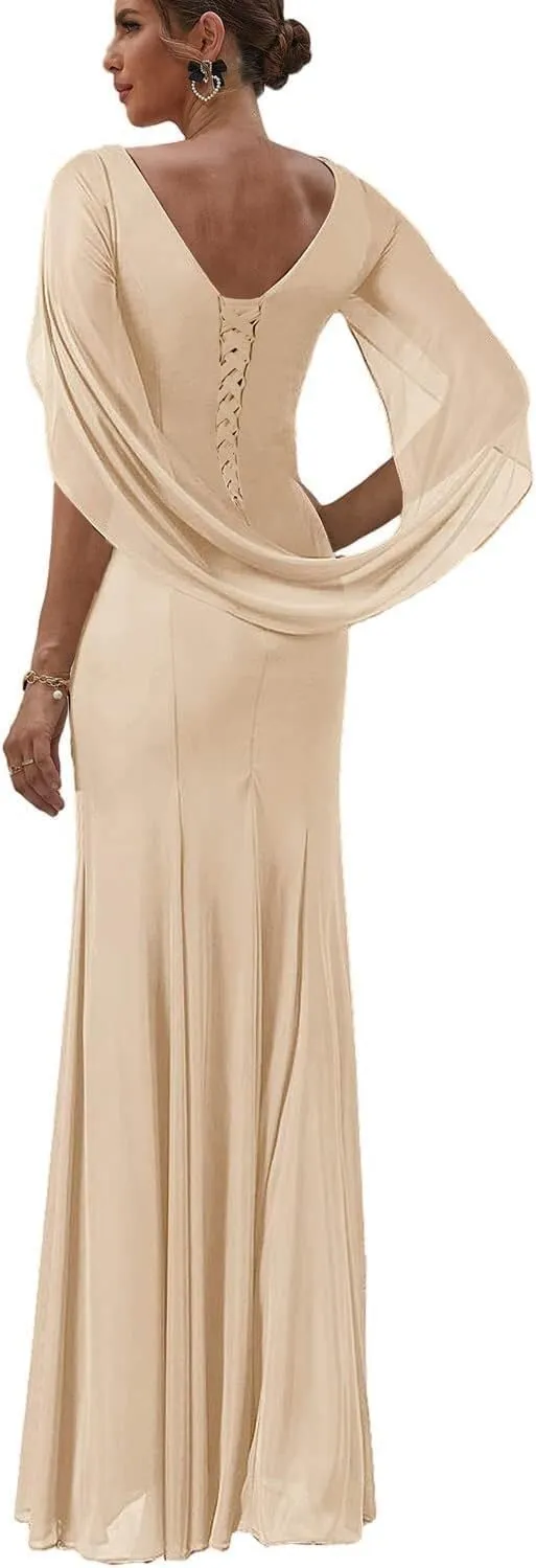 Chiffon Mother of The Bride Dresses with Cape Long Evening Gowns for Women Mermaid Formal Dress with Sleeve MJ011