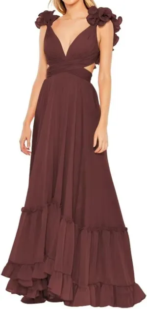 Chiffon Ruffle Prom Dresses V Neck Long Bridesmaid Dresses for Women Backless A Line Formal Evening Gowns