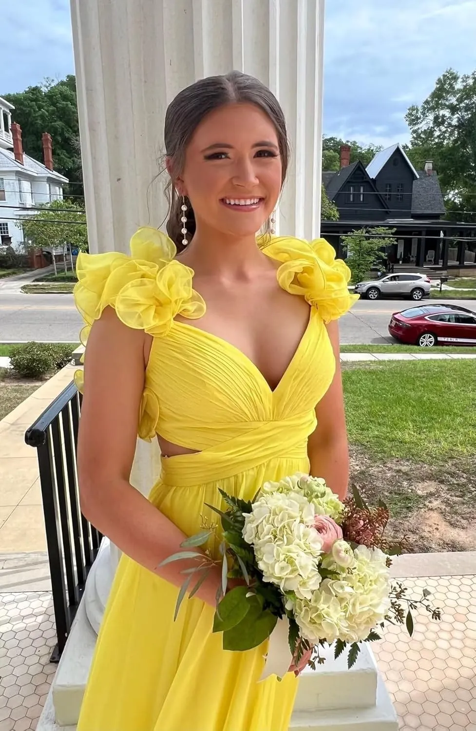 Chiffon Ruffle Prom Dresses V Neck Long Bridesmaid Dresses for Women Backless A Line Formal Evening Gowns