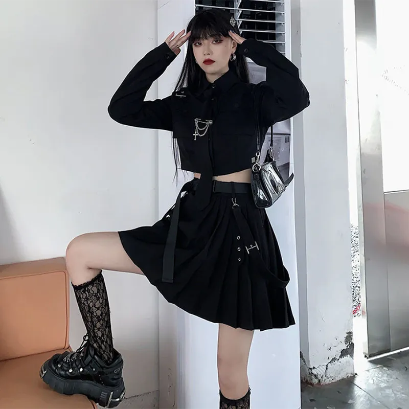 Christmas Gift Spring Large Size Streetwear Two-Piece Skirt Spring Plus Size 4XL Punk Chain Ribbon Skirts Women 2 Piece Suit For Female