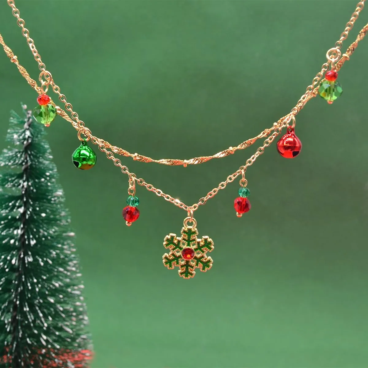 Christmas Snowflake Necklace Layered Gold Necklaces Small Bell Crystal Neck Accessories for Women