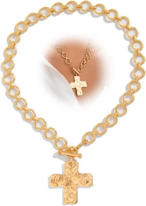 Chunky Gold Layered Cross Statement Pendant Necklace Vintage Thick Stack Hammered Cross Toggle Clasp Choker Necklaces for Women Trendy OT Buckle Jewelry