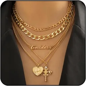 Chunky Gold Necklace Stack for Women Layered Necklaces for Women Silver Chunky Necklace Paperclip Chain Cross Beaded Ball OT Toggle Heart Pendant Necklace Chunky Gold Jewelry Set