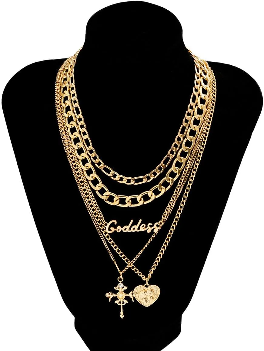 Chunky Gold Necklace Stack for Women Layered Necklaces for Women Silver Chunky Necklace Paperclip Chain Cross Beaded Ball OT Toggle Heart Pendant Necklace Chunky Gold Jewelry Set