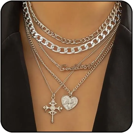 Chunky Gold Necklace Stack for Women Layered Necklaces for Women Silver Chunky Necklace Paperclip Chain Cross Beaded Ball OT Toggle Heart Pendant Necklace Chunky Gold Jewelry Set