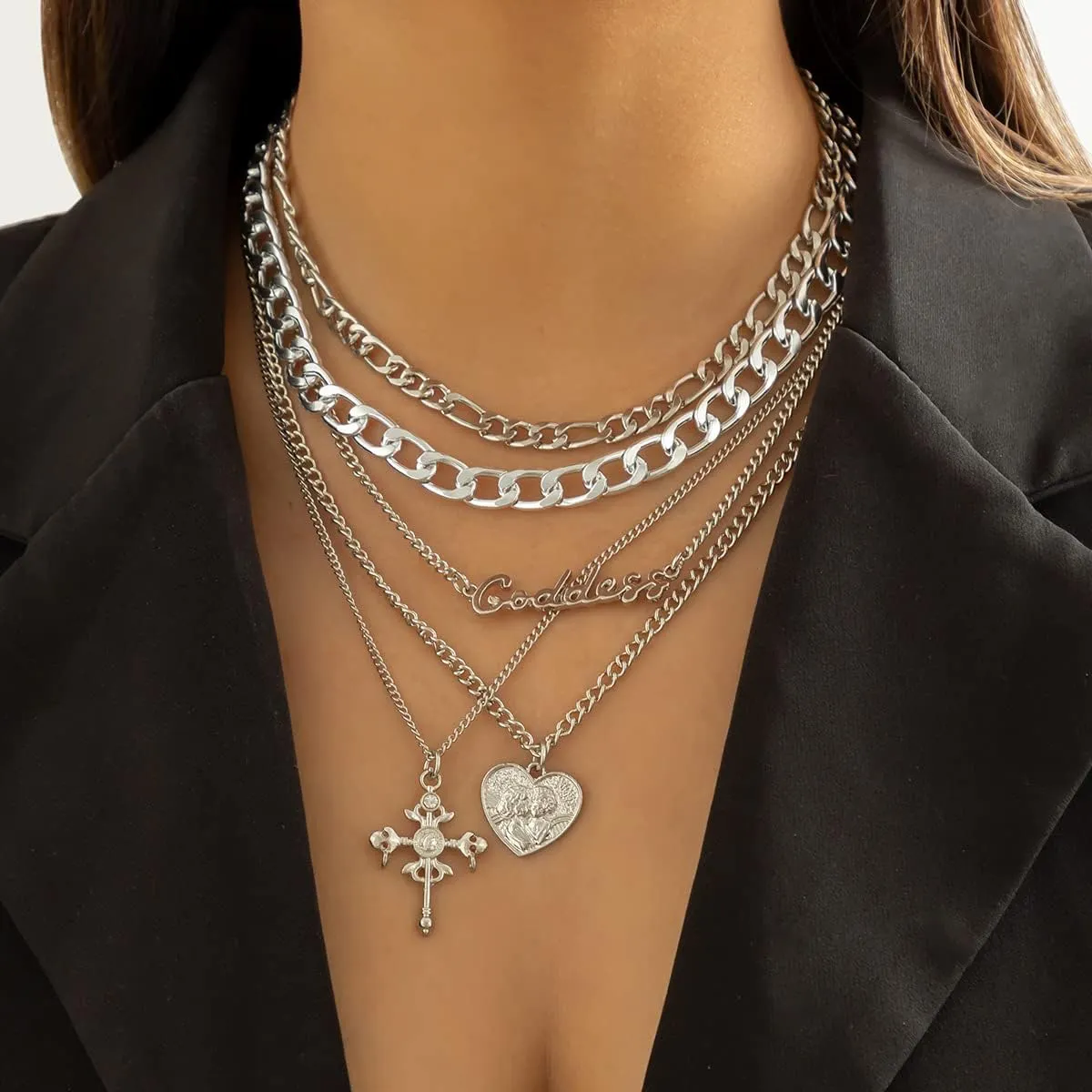 Chunky Gold Necklace Stack for Women Layered Necklaces for Women Silver Chunky Necklace Paperclip Chain Cross Beaded Ball OT Toggle Heart Pendant Necklace Chunky Gold Jewelry Set
