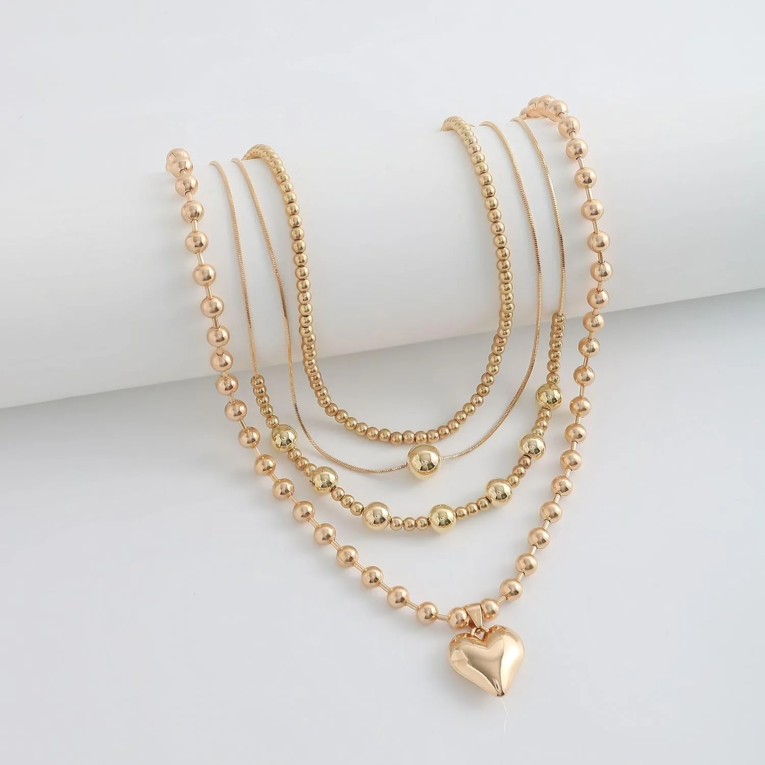 Chunky Layered Puff Heart Necklace for Women Multi Layered Gold Heart Pendant Necklace Vintage Punk Hip Hop Beaded Square Beaded Necklace 80's 90's Cuban Link Chain Statement Necklace